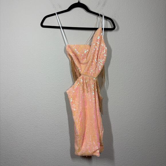 Hello Molly 4 Crystal Ball Sequin Mini Sheath Dress Peach Cut Out One Shoulder - Picture 3 of 11